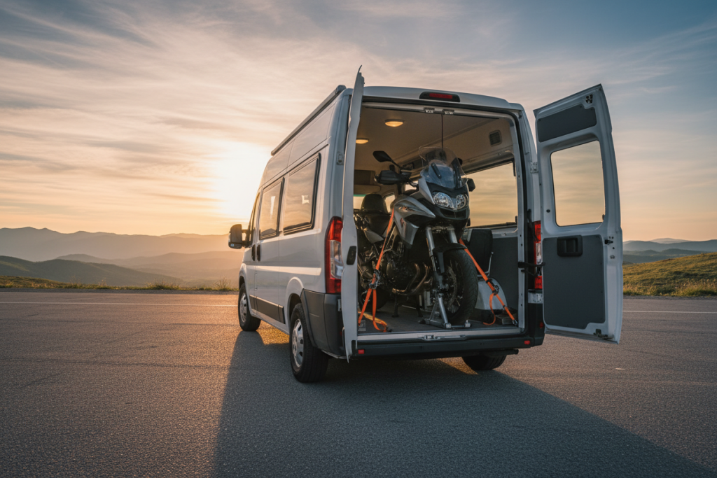 Camping-car garé, moto sanglée dans soute ouverte, lumière de fin de journée