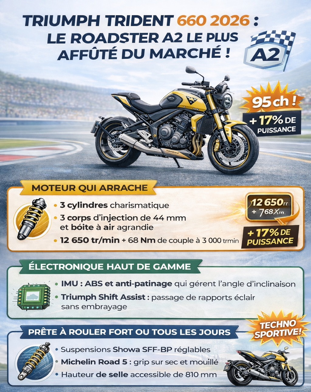 Infographie de la Triumph Trident 660 2026, roadster compatible A2 développant 95 chevaux avec moteur trois cylindres, électronique IMU, suspensions Showa et pneus Michelin Road 5