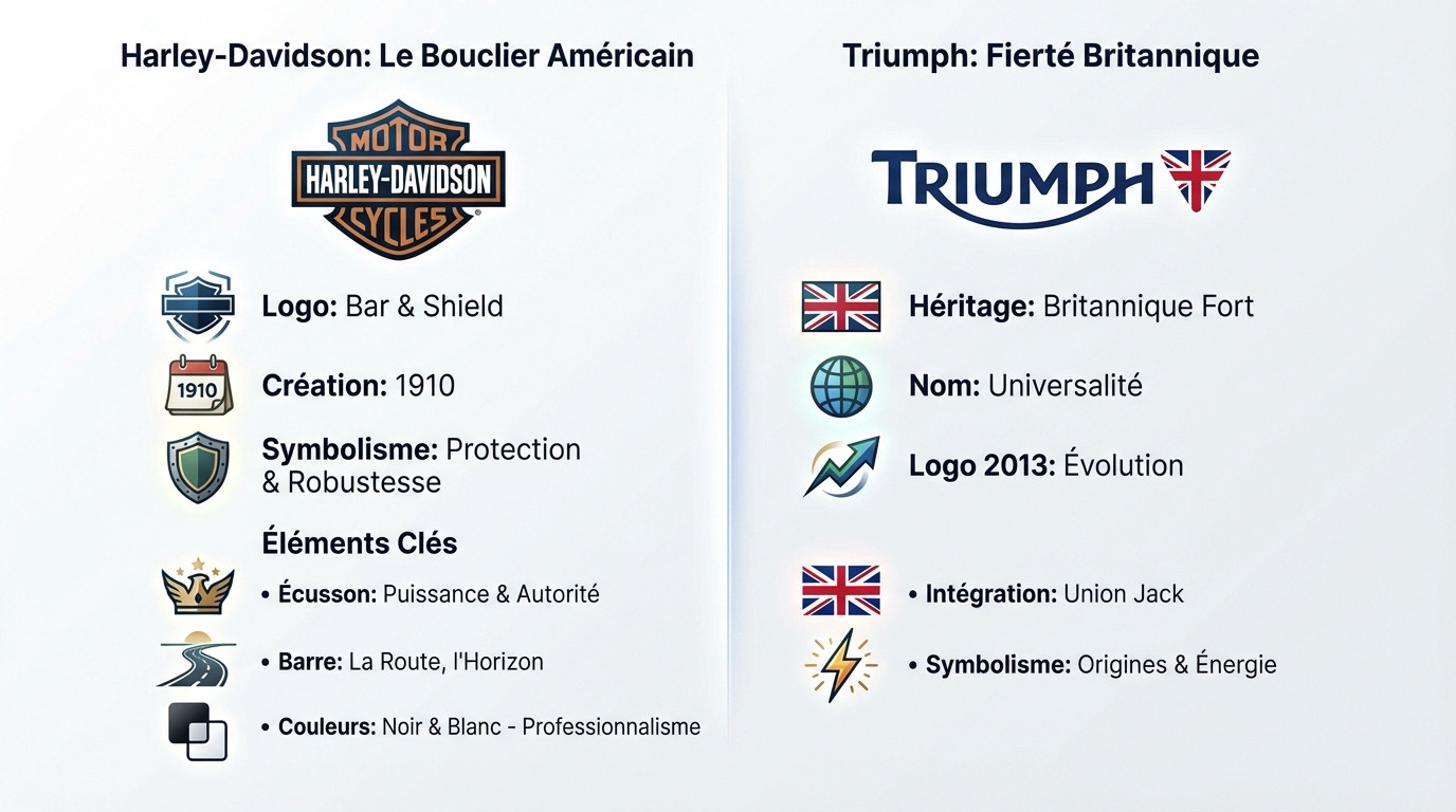 Logos emblématiques Harley-Davidson et Triumph illustrant l'héritage moto américain et britannique