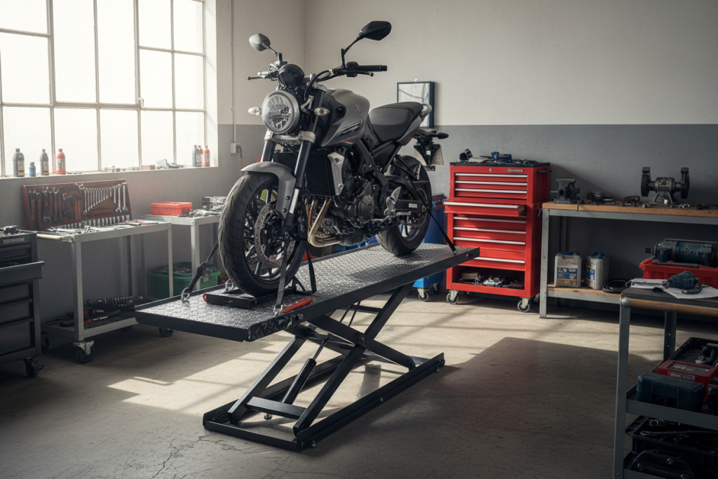 Pont moto Matthys large avec moto posée dessus dans un garage lumineux