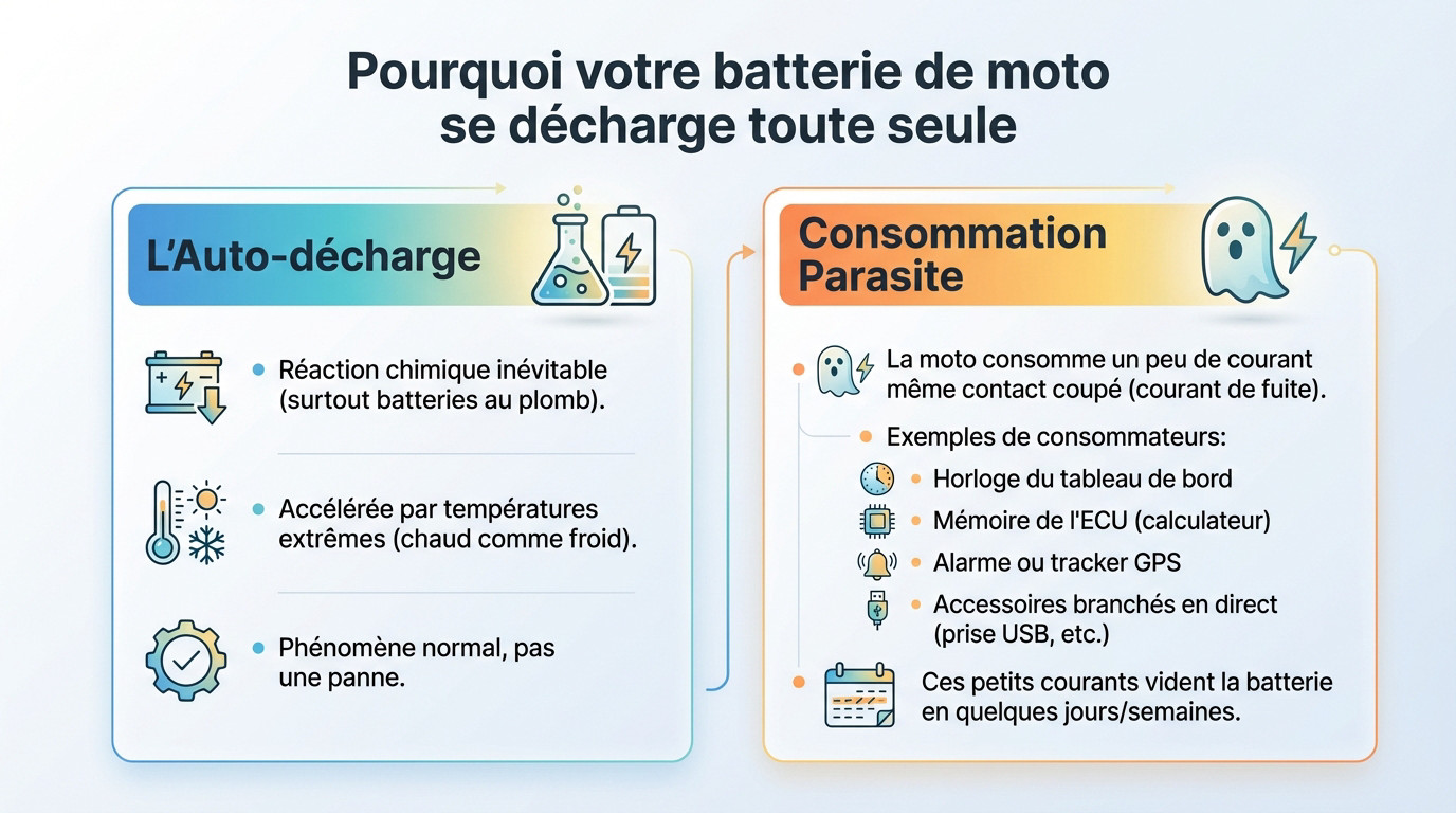 Batterie moto à plat à cause de l'auto-décharge et des consommateurs parasites
