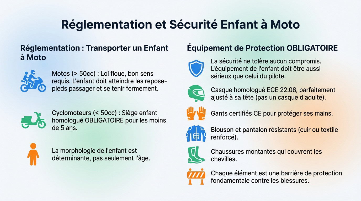 Enfant passager moto correctement équipé avec casque et blouson de protection