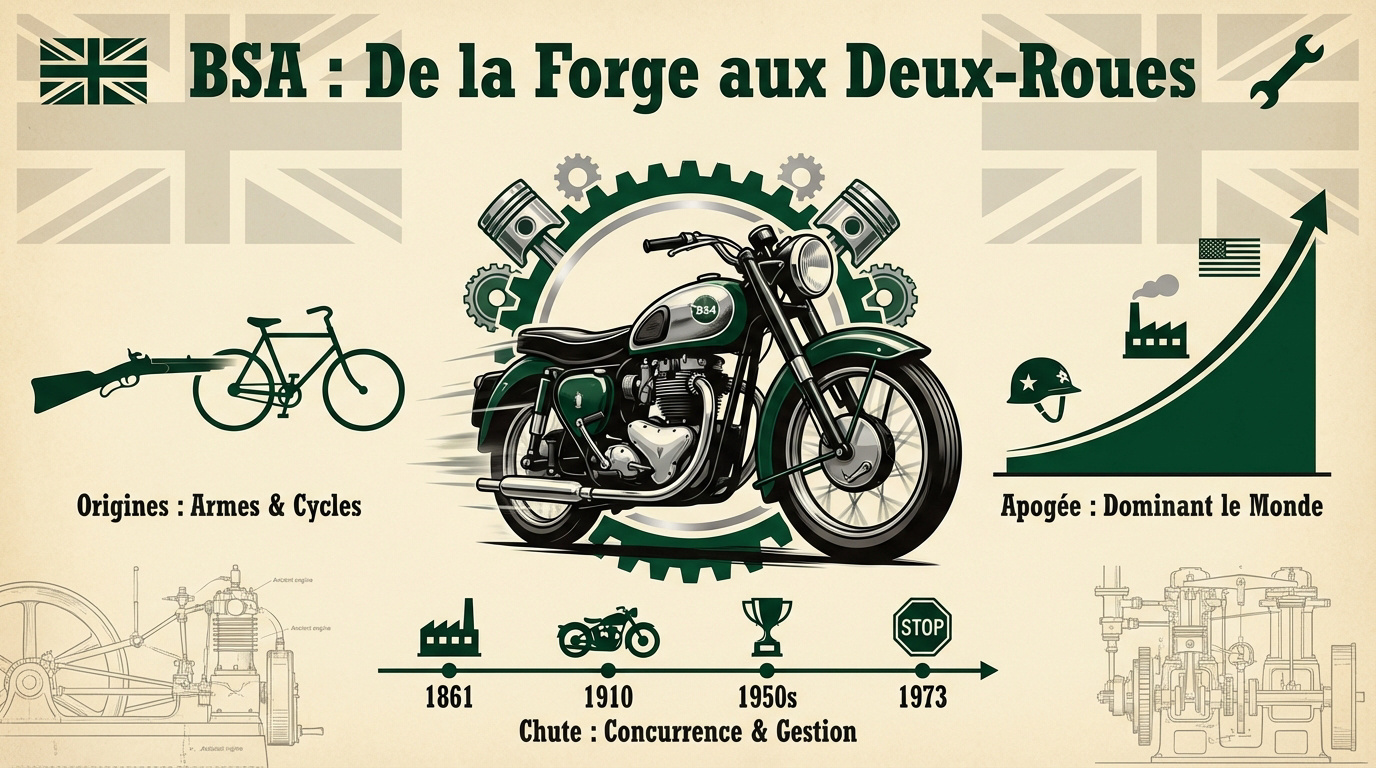 Moto BSA classique devant une usine historique à Birmingham