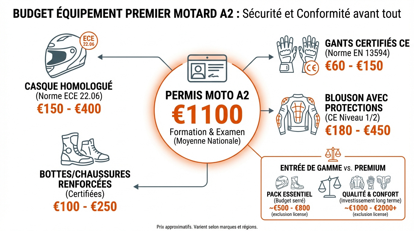 Jeune motard examinant son équipement de protection et son casque avant de passer le permis A2
