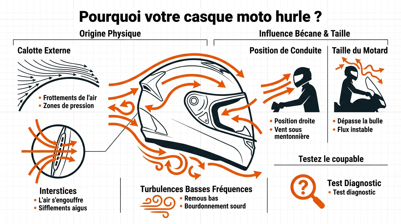 Schéma des flux d'air et causes du bruit aérodynamique dans un casque moto