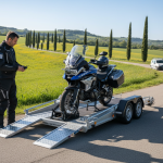 Un motard chargeant une moto sur un plateau abaissable dans un paysage de campagne