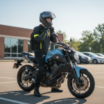 Un jeune motard avec un roadster léger, assis, ajustant son casque, prêt à partir.