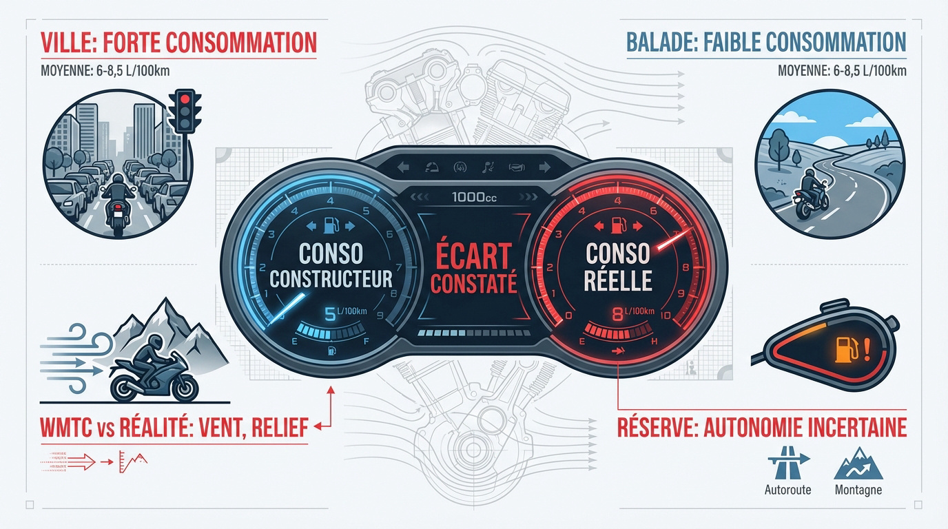 Comparaison de la consommation réelle et constructeur pour une moto de 1000 cm3