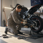 Motard effectuant une révision sur sa moto.