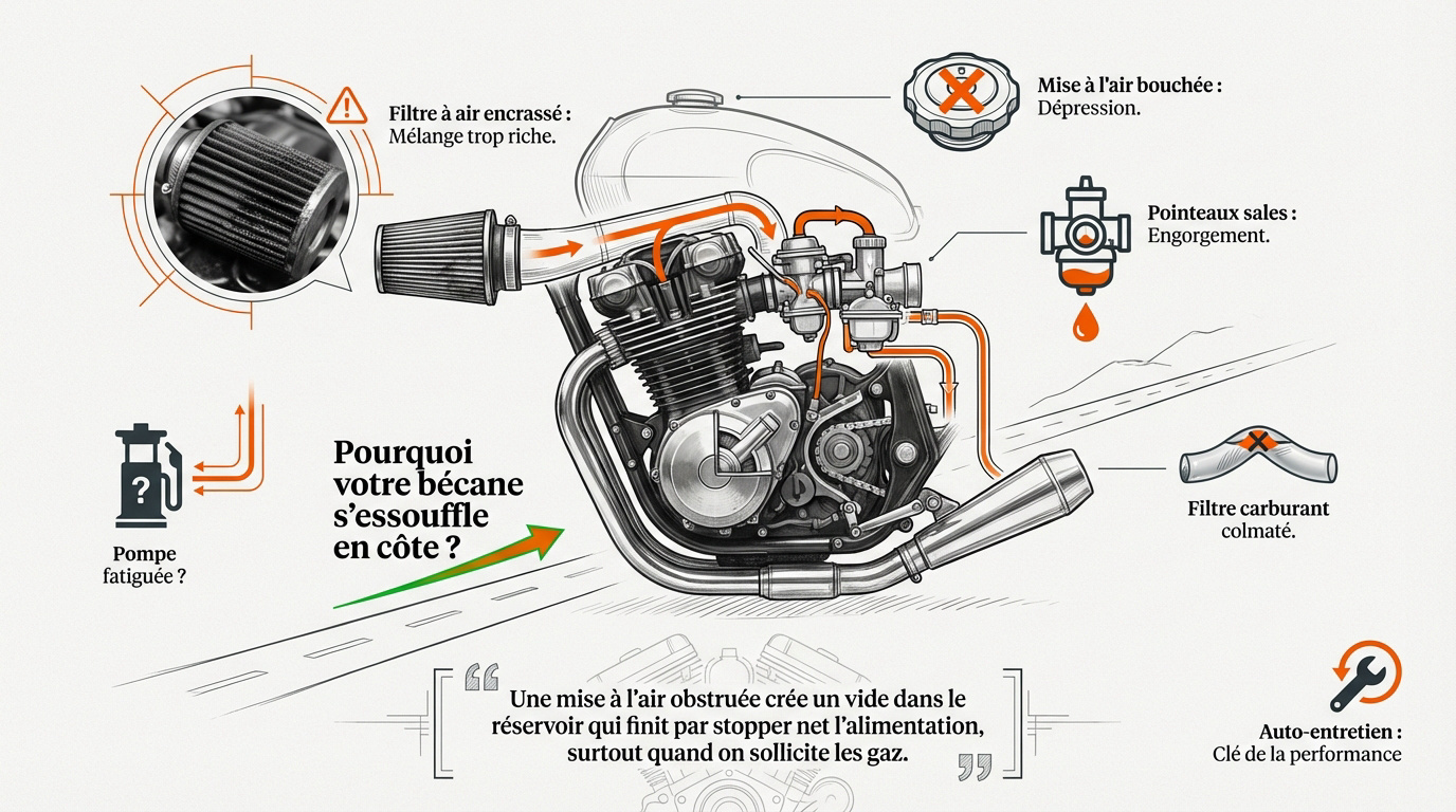 Mécanicien inspectant le moteur d'une moto pour diagnostiquer une perte de puissance en côte