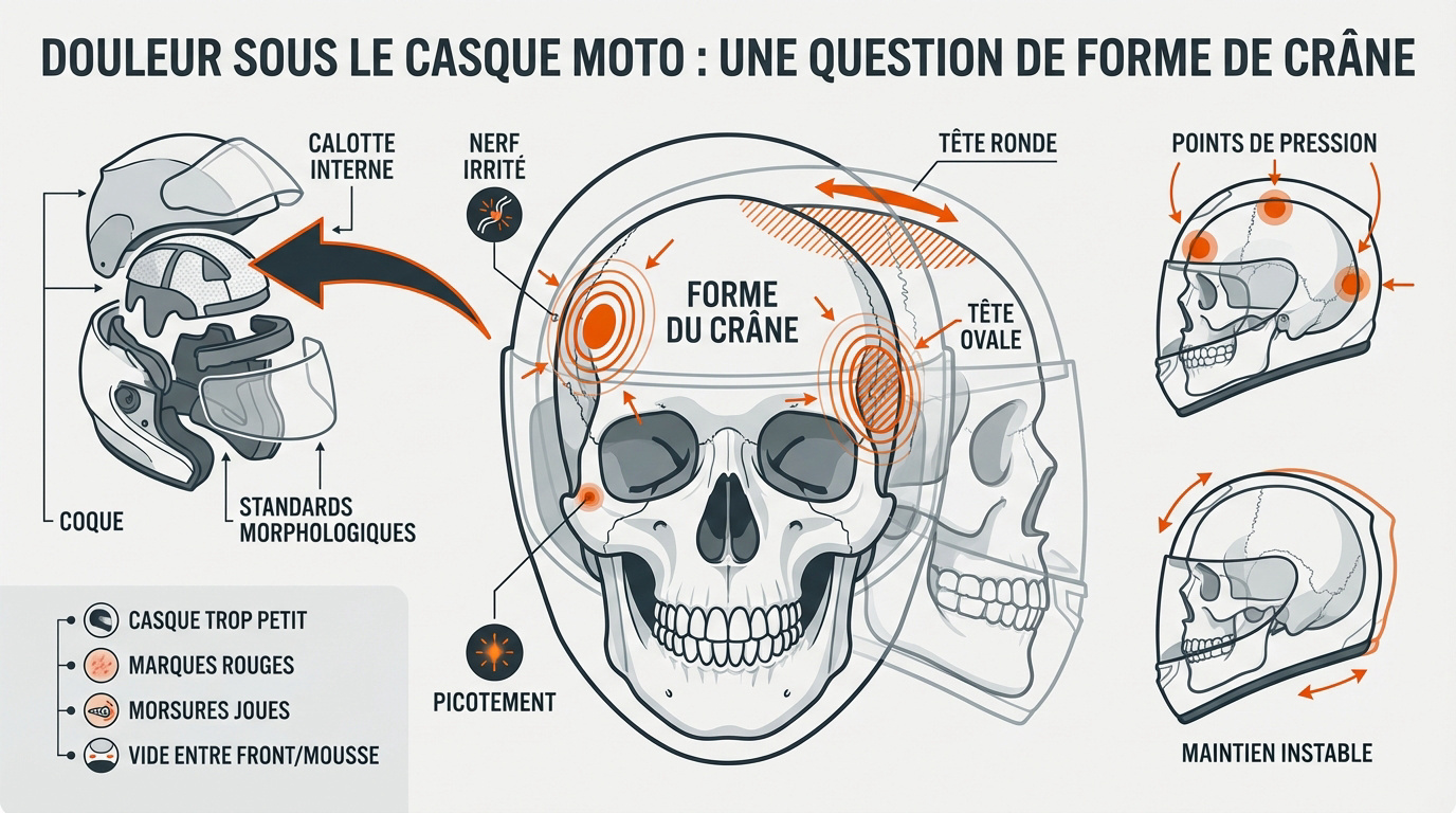 Schéma montrant les points de pression d'un casque moto sur différentes formes de crânes
