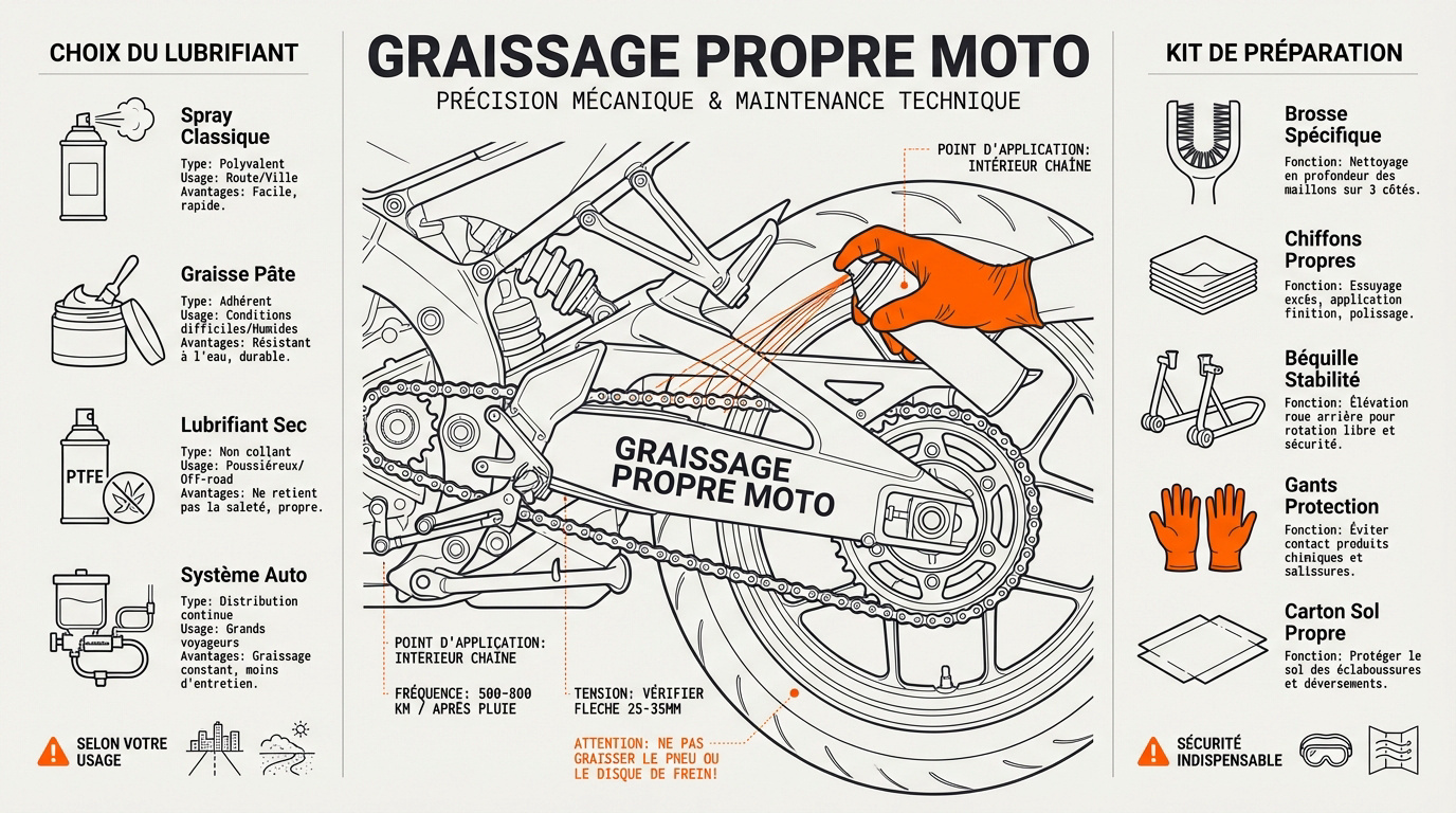 Matériel indispensable pour l'entretien et le graissage de la chaîne moto