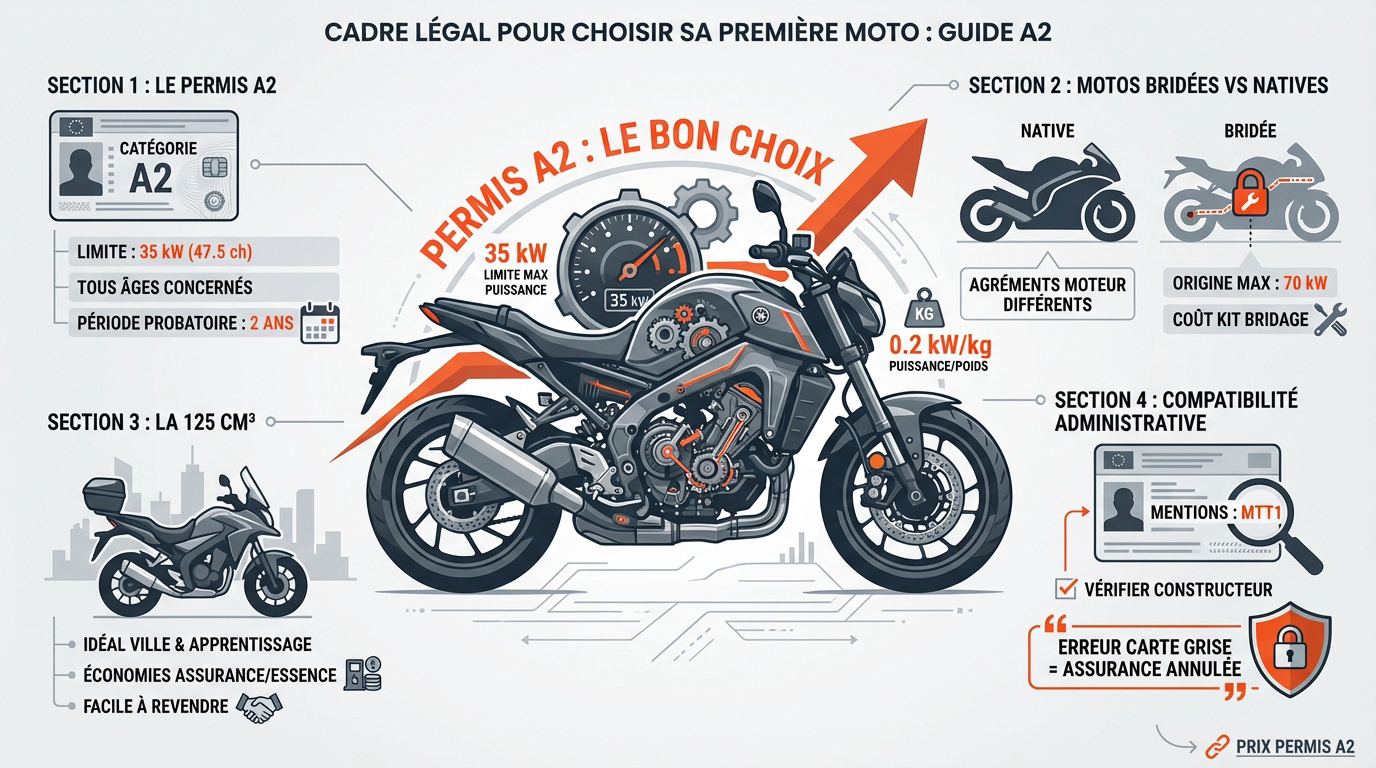 Jeune motard examinant une moto compatible permis A2 en concession