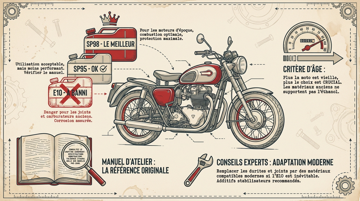 Moto ancienne station essence choix carburant SP98