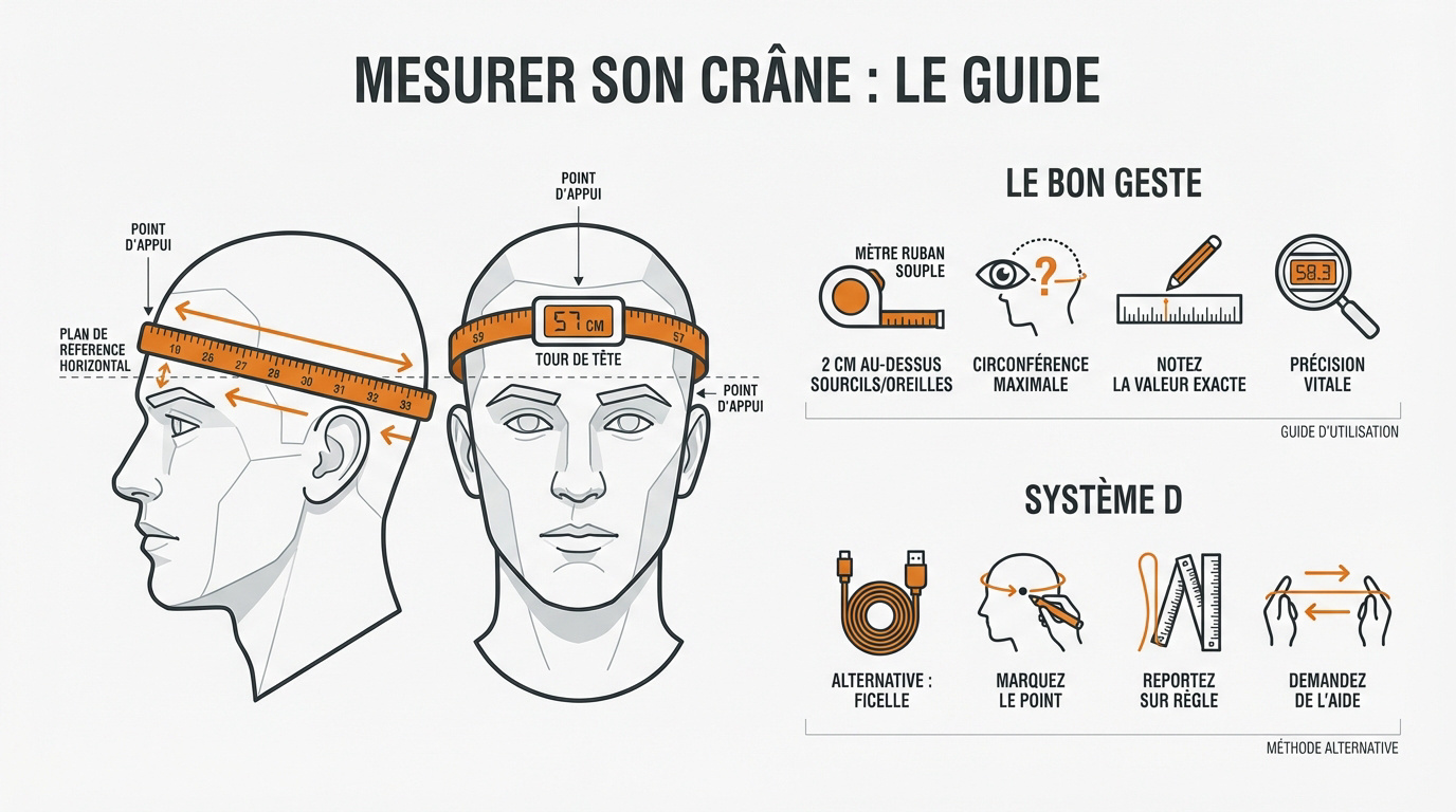 Schéma explicatif pour mesurer précisément son tour de tête avec un mètre ruban