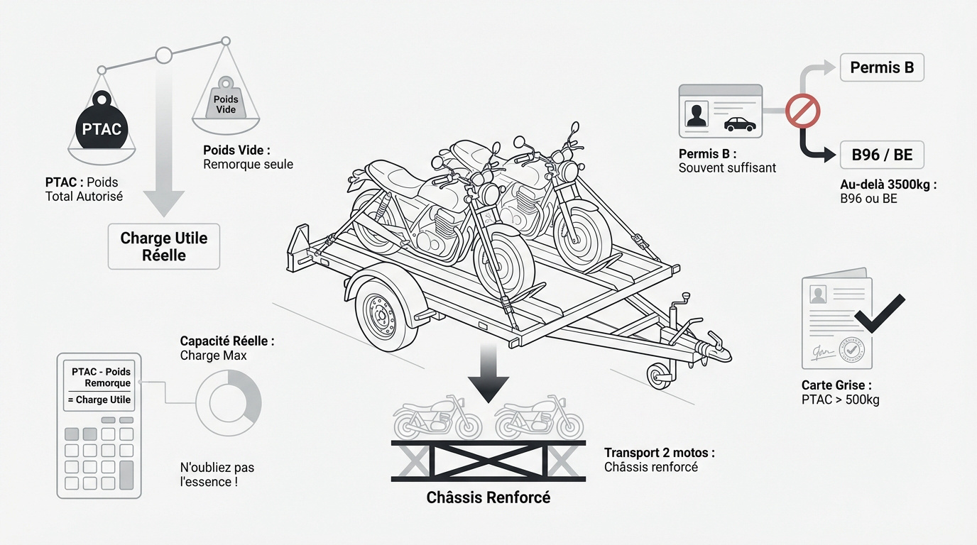Schéma explicatif du PTAC et de la réglementation pour remorque moto