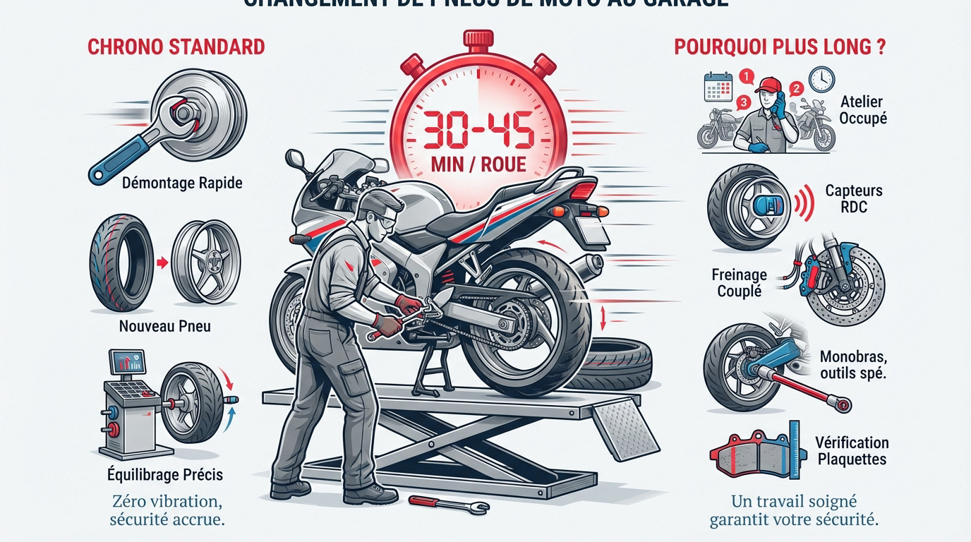 Infographie détaillant le temps de montage et d'équilibrage d'un pneu moto en garage spécialisé