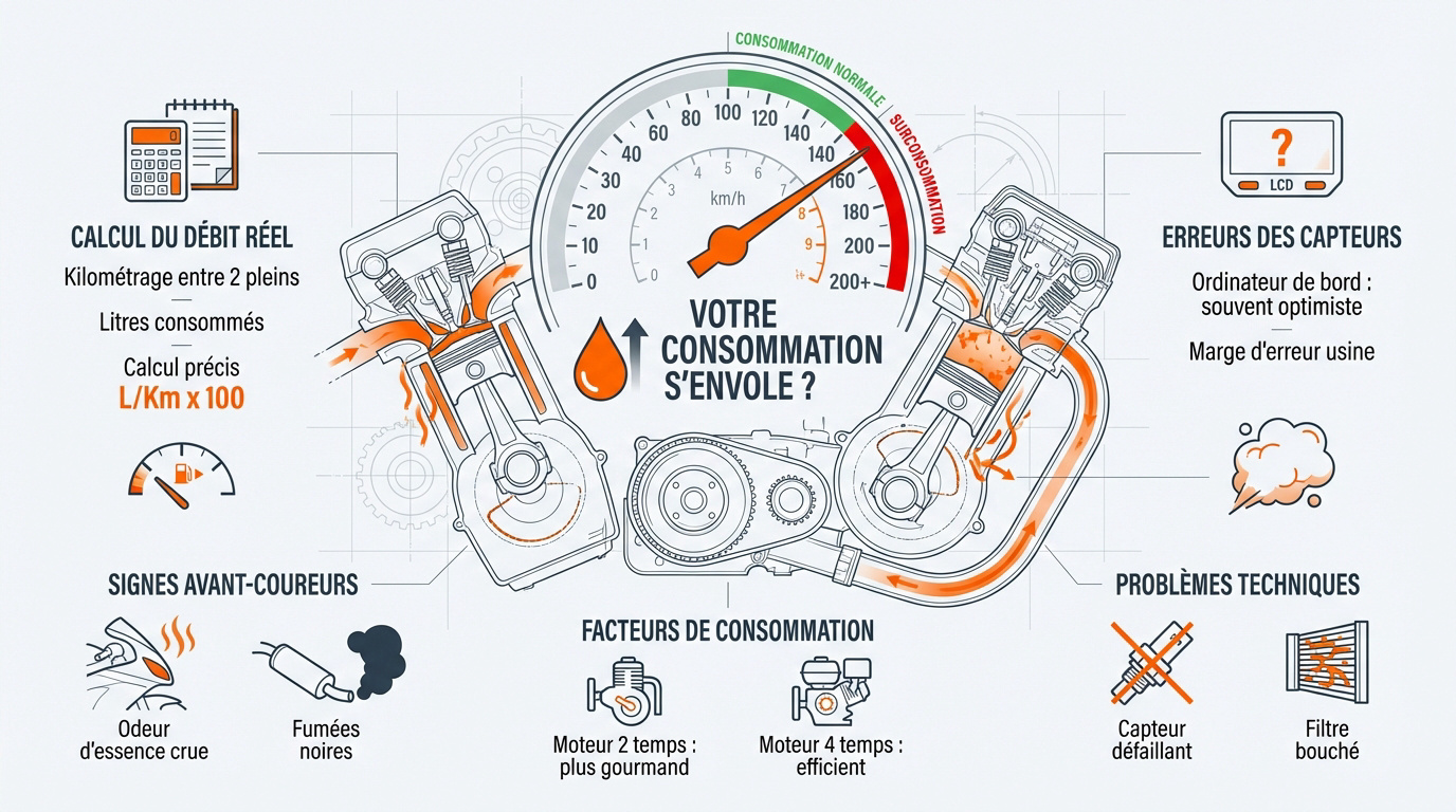 Infographie expliquant les facteurs de consommation de carburant pour une moto