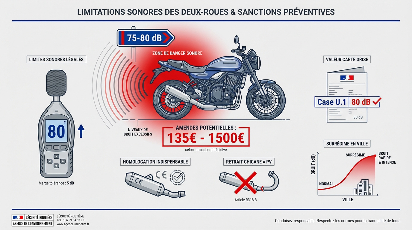 Tableau récapitulatif des limitations sonores et amendes pour les motos