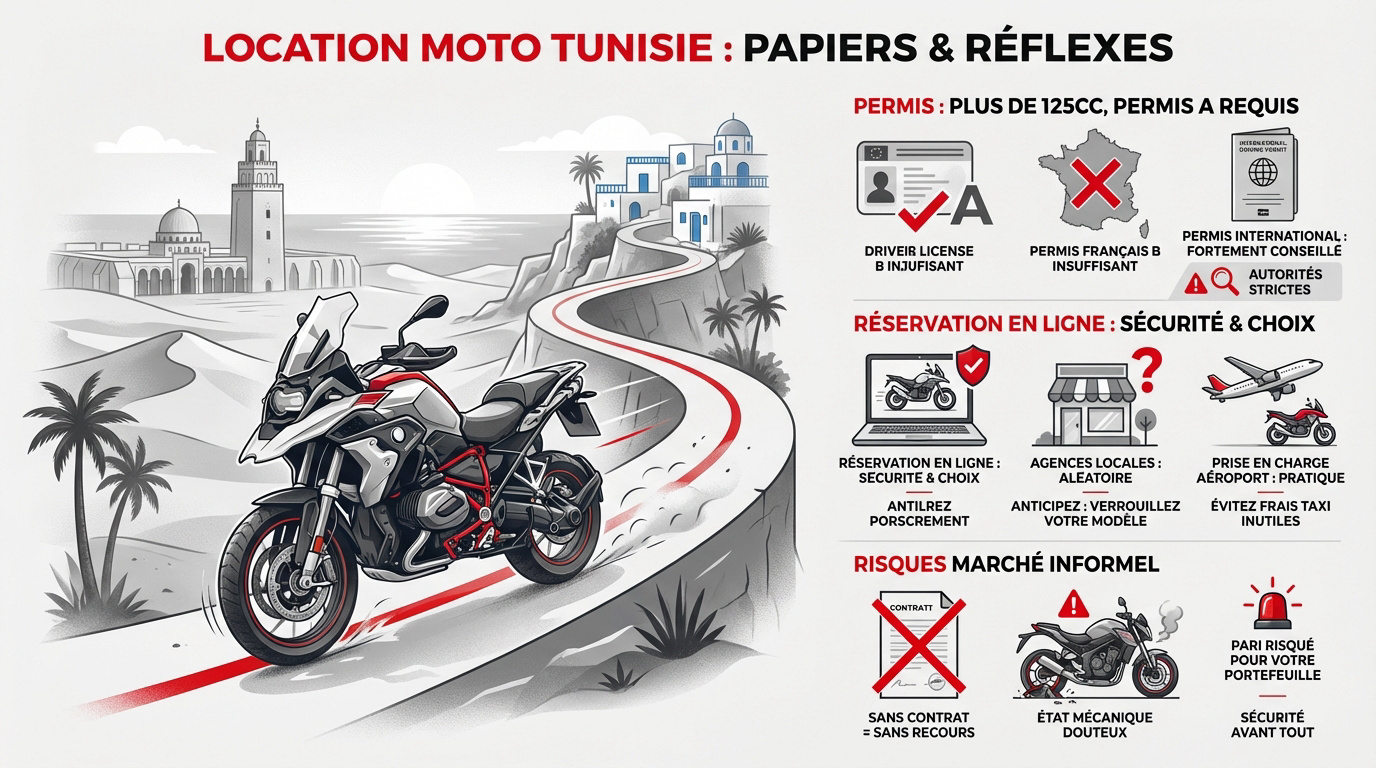 Moto de location garée devant un paysage côtier en Tunisie