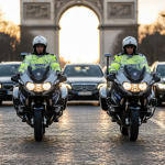 Motards de la Préfecture de Police escortant un convoi officiel dans Paris