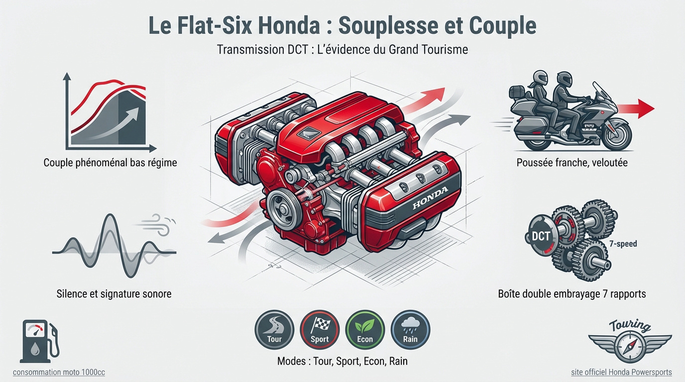 Moteur six cylindres à plat de la Honda Gold Wing offrant souplesse et couple