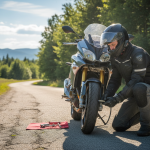A motorcycle rider checking tire pressure in a rural setting, demonstrating maintenance to improve fuel efficiency.