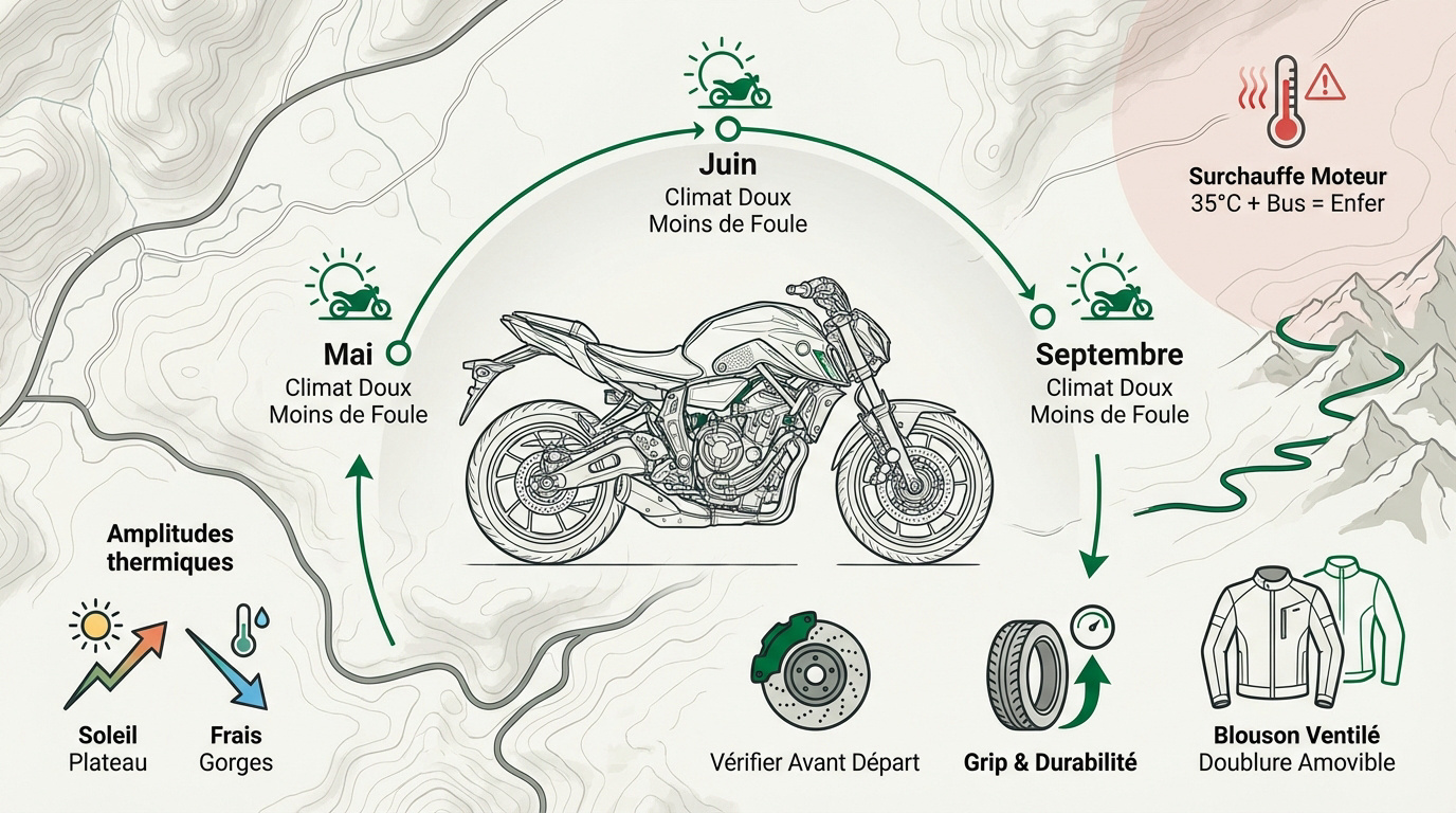 Motard roulant sur une route sinueuse des Gorges du Verdon en toute sécurité