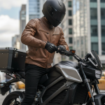 Un livreur à moto manipulateur de caisse de livraison sur une route urbaine