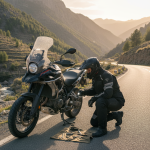 Un motard en pleine montée inspectant le moteur de sa moto sur le bord de la route.