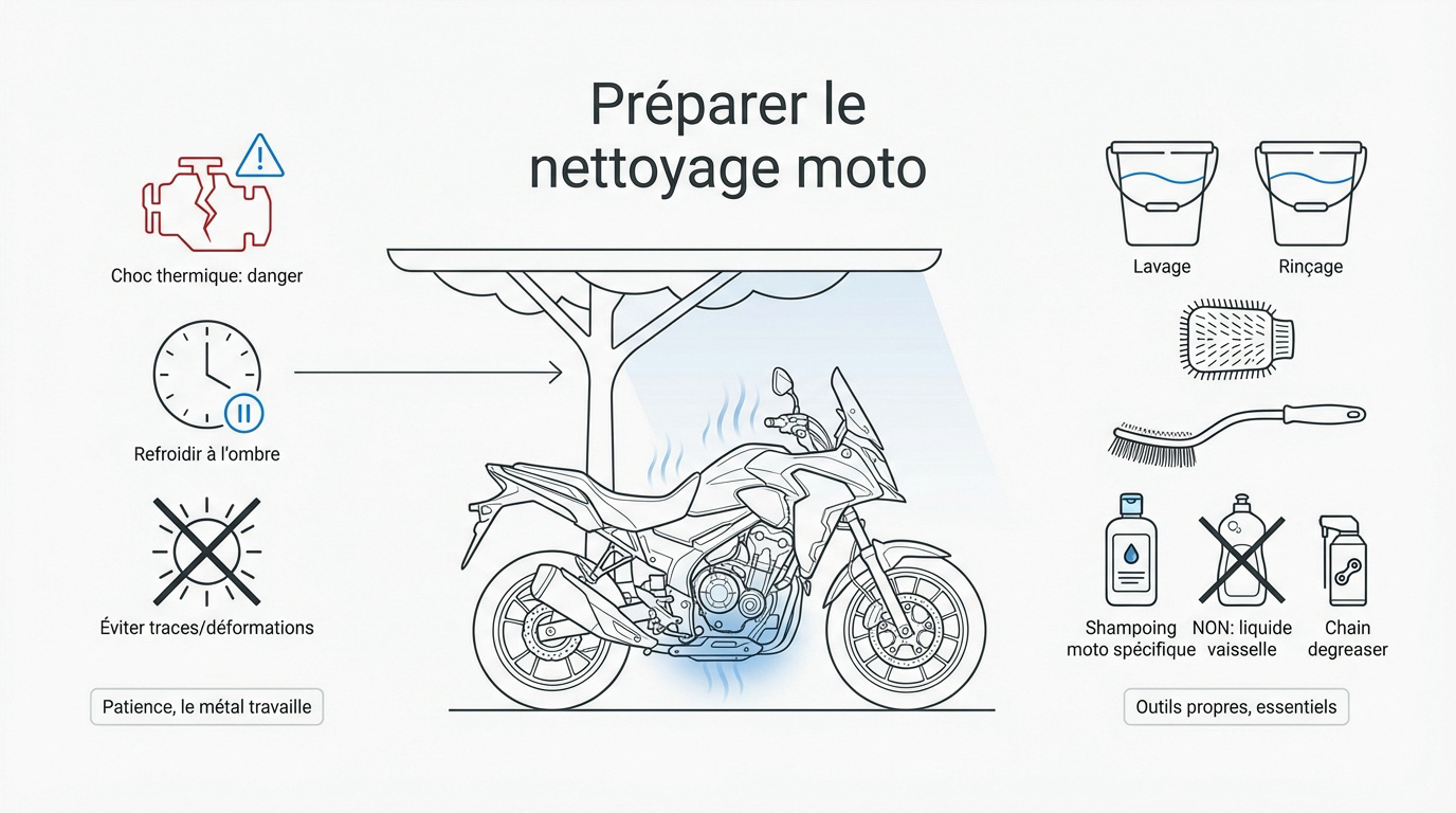 Préparation du matériel de nettoyage moto à l'ombre pour éviter le choc thermique