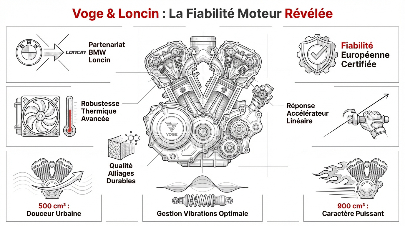 Moteur Loncin équipant une moto Voge pour illustrer la fiabilité et le partenariat industriel
