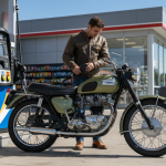 Un motard fait le plein de son ancienne moto  34 un réservoir d'une station avec des pompes modernes.