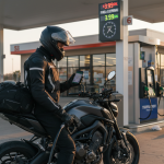 Motard faisant le plein a une station service en consultant Waze sur son smartphone