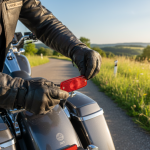 Motard ajustant le catadioptre rouge sur sa moto, en extérieur.