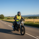 Un motard portant un gilet airbag roulant prudemment sur une route de campagne tranquille.