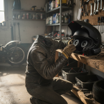 Réglage d’un intercom moto dans un casque intégral en garage, lumière naturelle