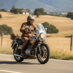 Un motard sur une Honda Goldwing ancienne, sur une route de campagne en pleine lumière du jour.