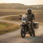 Motard posant les pieds à plat sur un trail bas à l’arrêt sur route de campagne