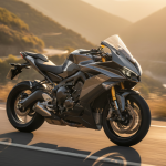 Moto sportive touring haute performance photographiée en dynamique sur route montagne avec lumière dorée.