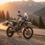 Moto dual sport stationnée sur un sentier rocailleux reliant la terre et l'asphalte en montagne.