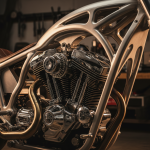 Détail d'une moto custom premium montrant l'alliage aluminium usiné et les composants mécaniques sophistiqués.