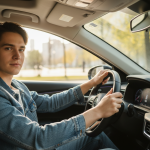 Jeune adulte au volant d'une voiture, concentré sur la route, symbolisant l'apprentissage et l'obtention du permis de conduire.