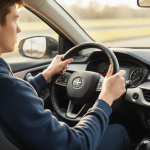 Conducteur au volant d'une voiture, concentré lors d'une leçon de conduite pratique.
